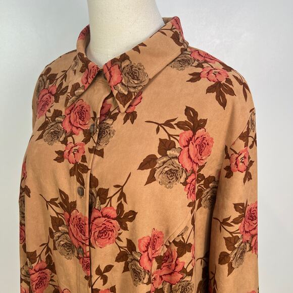 Rose Printed Button Up Shirt Long Sleeves Brown White Stage Top - Picture 2 of 9
